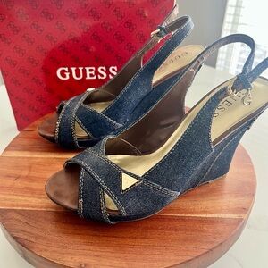 GUESS Dark Blue Denim Peep-Toe Slingback Wedge Sandals